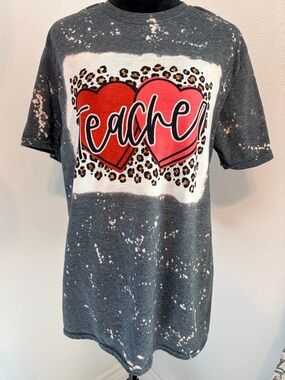 Graphic Teacher Bleached Tee with Red & Pink Heart Excellent Condition